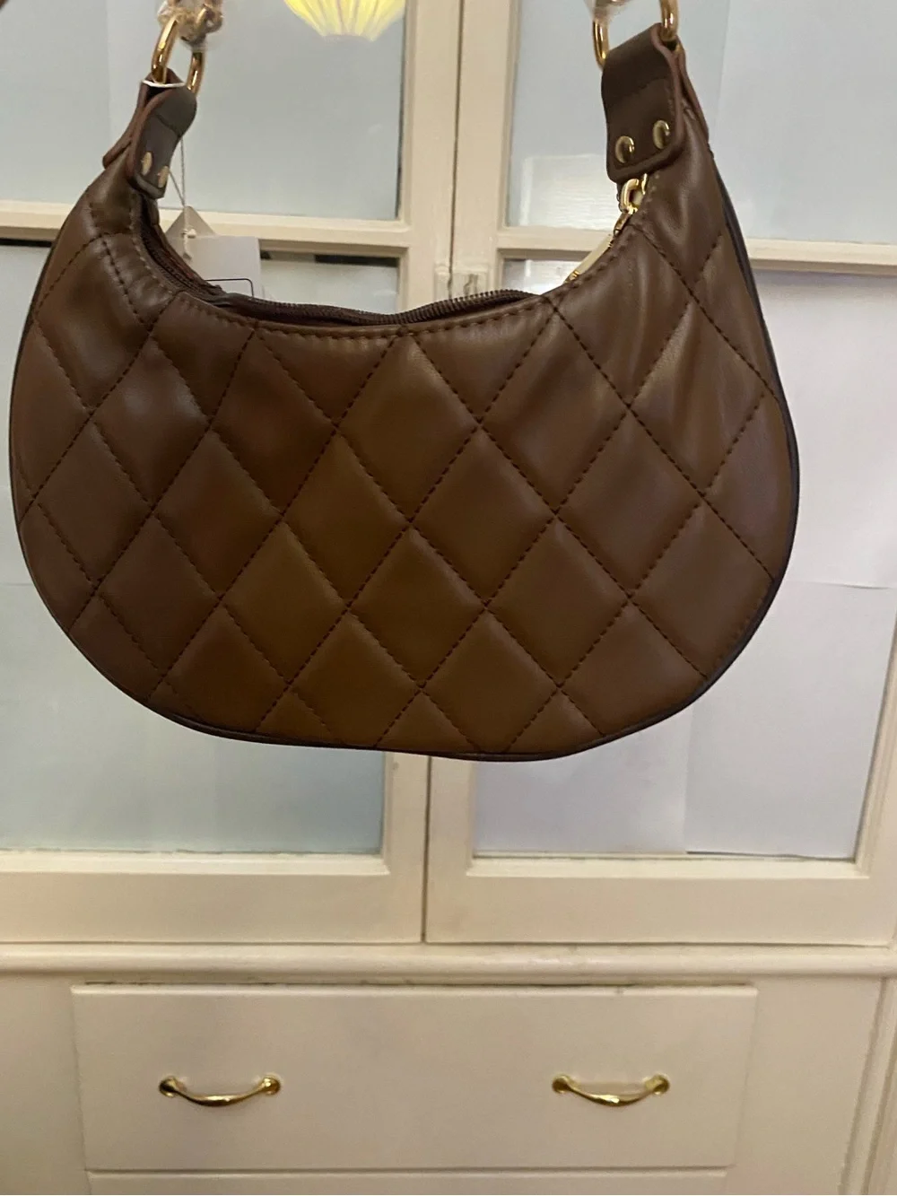 chinllo brown Quilted Crescent Shoulder Bag with Chain Strap